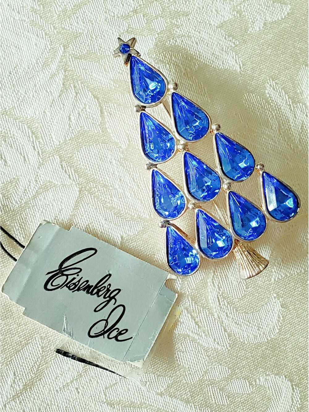 Vintage Eisenberg Ice Blue Rhinestone Christmas Tree Brooch - Picture 3 of 6